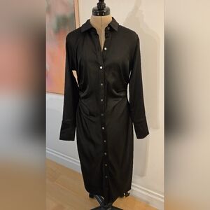 DKNY Black Satin Long Sleeve Dress With Rusched Waist